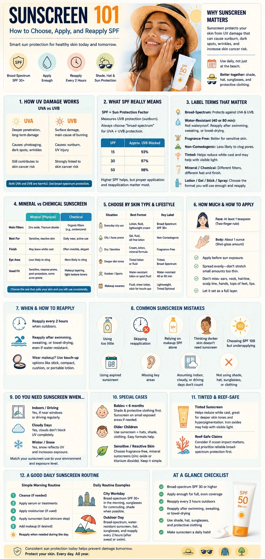 Complete sunscreen guide infographic explaining SPF UVA vs UVB sunscreen types application reapplication and daily sun protection routines - Zicail Beauty Complete sunscreen guide infographic explaining SPF UVA vs UVB sunscreen types application reapplication and daily sun protection routines - Sunscreen 101: How to Choose, Apply, and Reapply SPF