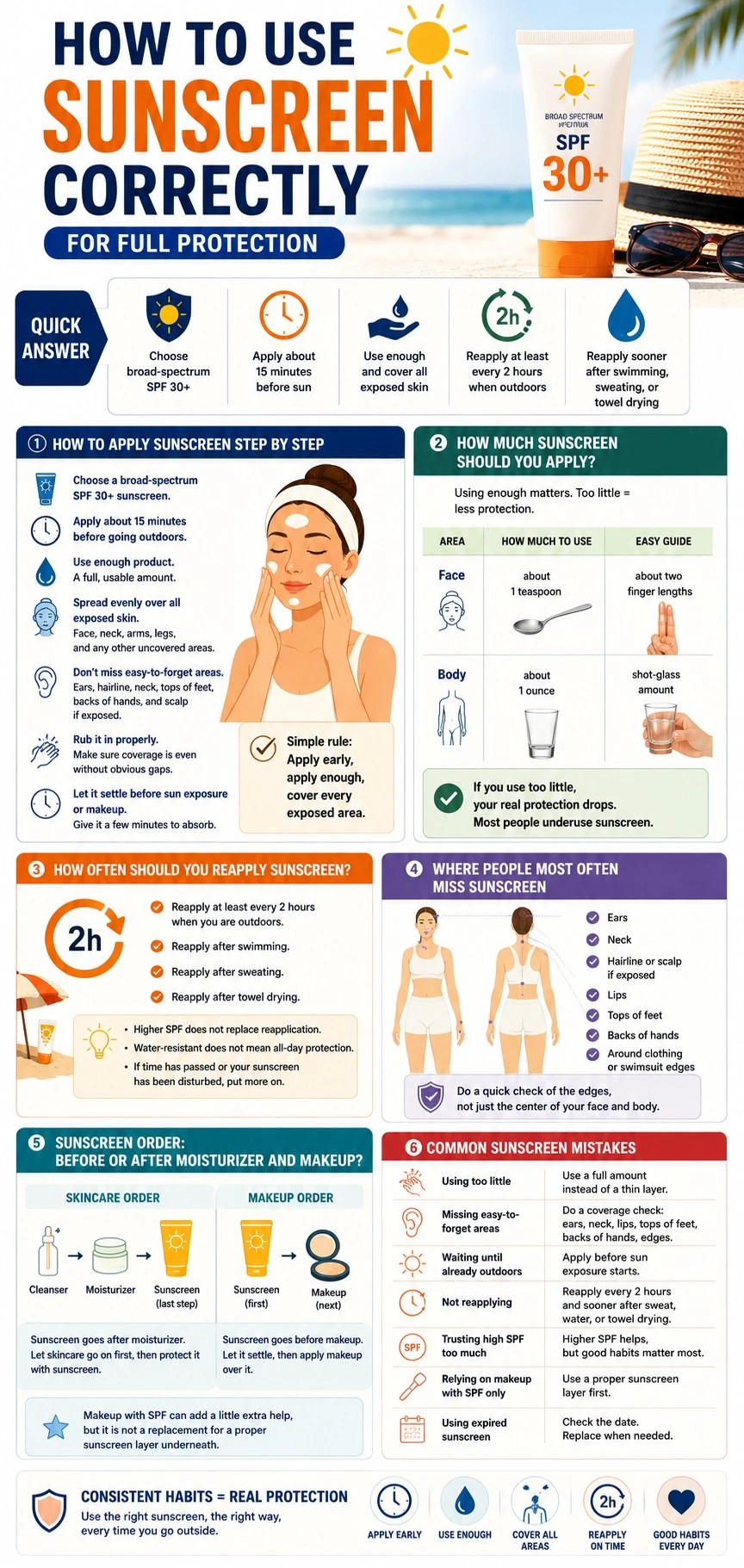 Sunscreen application infographic explaining step by step use correct amount for face and body rea - Zicail Beauty Sunscreen application infographic explaining step by step use correct amount for face and body rea - How to Use Sunscreen Correctly for Full Protection
