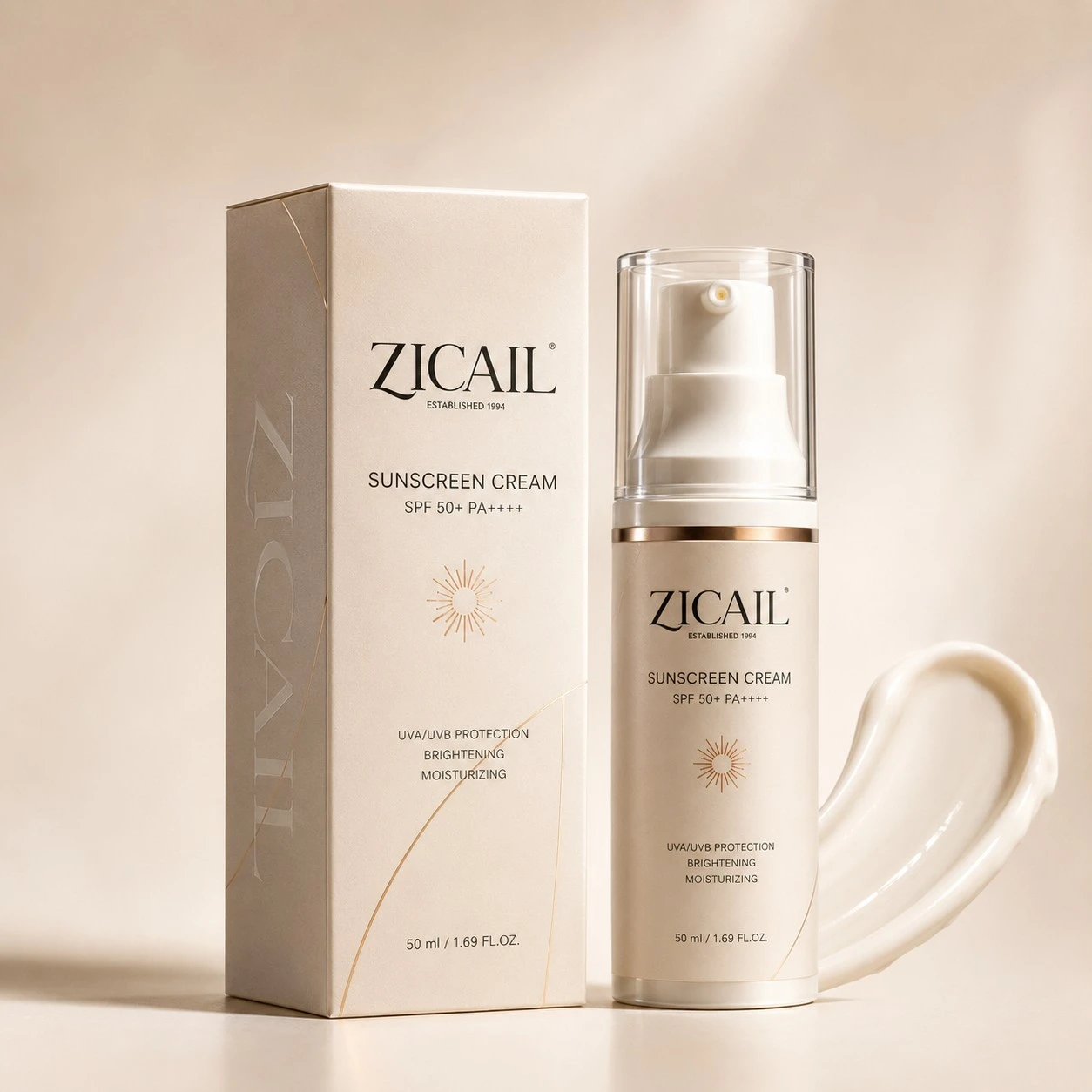 Zicail sunscreen cream product with airless pump bottle cream swatch - Zicail Beauty Zicail sunscreen cream product with airless pump bottle cream swatch - Sunscreen Packaging Guide: Tubes, Bottles, Pumps & More