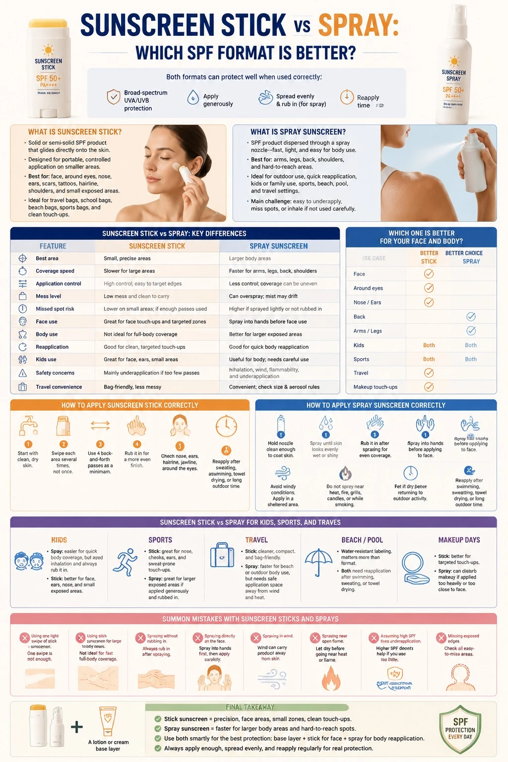 Detailed sunscreen stick vs spray infographic explaining application methods, coverage control, reapplication rules - Zicail Beauty Detailed sunscreen stick vs spray infographic explaining application methods, coverage control, reapplication rules - Sunscreen Stick vs Spray: Which SPF Format Is Better?
