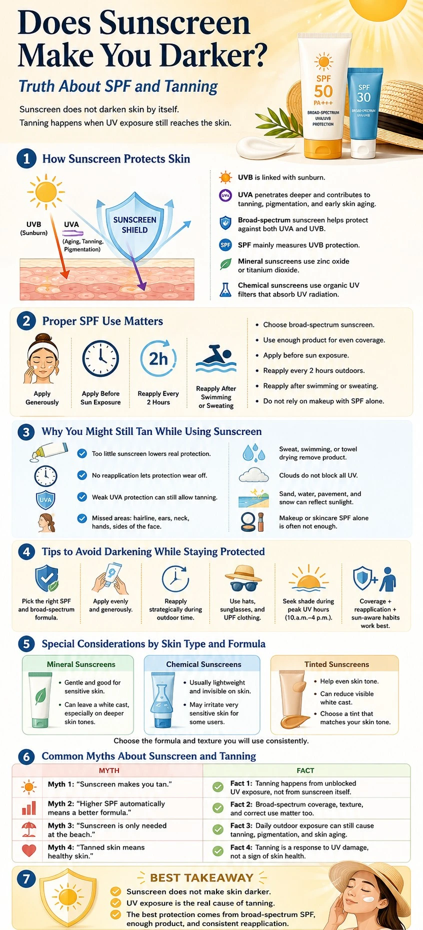 Infographic explaining whether sunscreen makes you darker, why tanning still happens, and how to stay protected - Zicail Beauty Infographic explaining whether sunscreen makes you darker, why tanning still happens, and how to stay protected - Does Sunscreen Make You Darker? Truth About SPF and Tanning