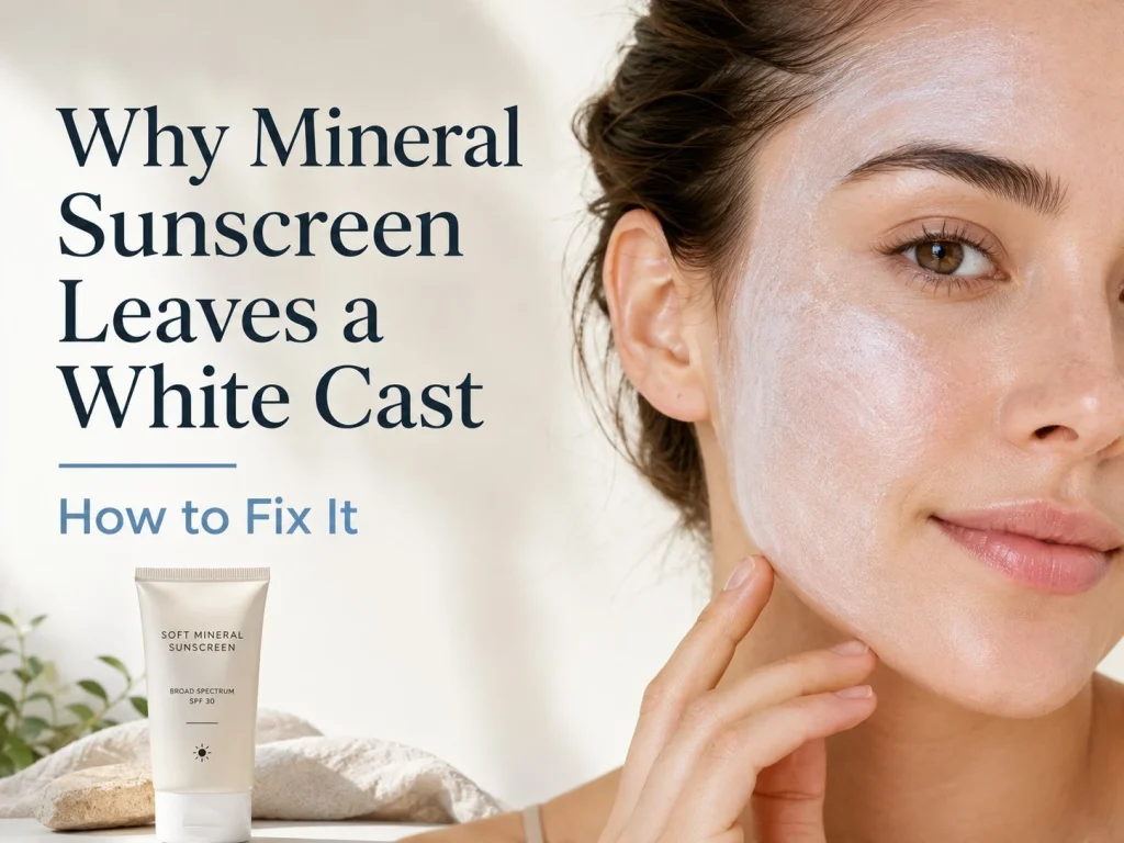 Mineral sunscreen white cast on face showing visible SPF residue