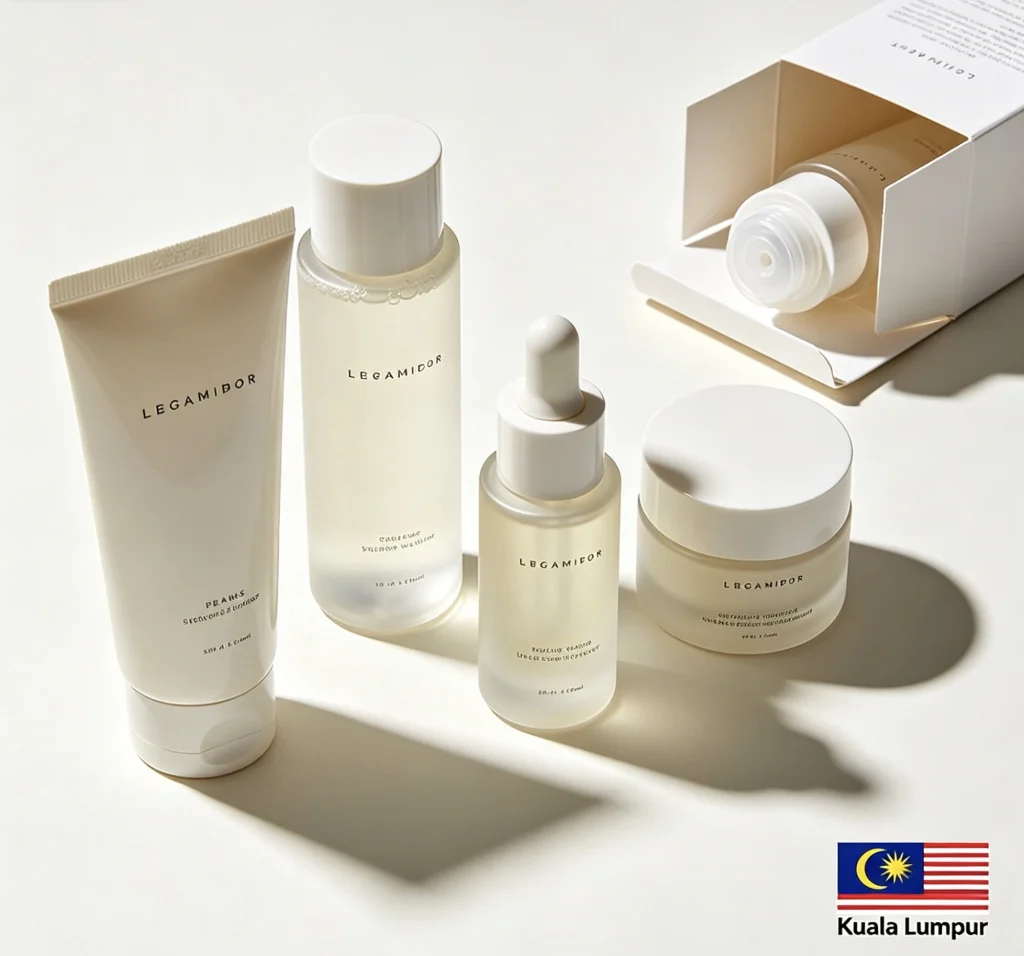 Minimalist facial skincare set packaging design for Malaysian skincare brand featuring cleanser, serum, cream, and bottle products in clean studio lighting. - Zicail Beauty - Zicail Beauty Minimalist facial skincare set packaging design for Malaysian skincare brand featuring cleanser, serum, cream, and bottle products in clean studio lighting. - Helping a Malaysian Skincare Brand Develop a Climate-Adaptive Facial Skincare Set - Case Study