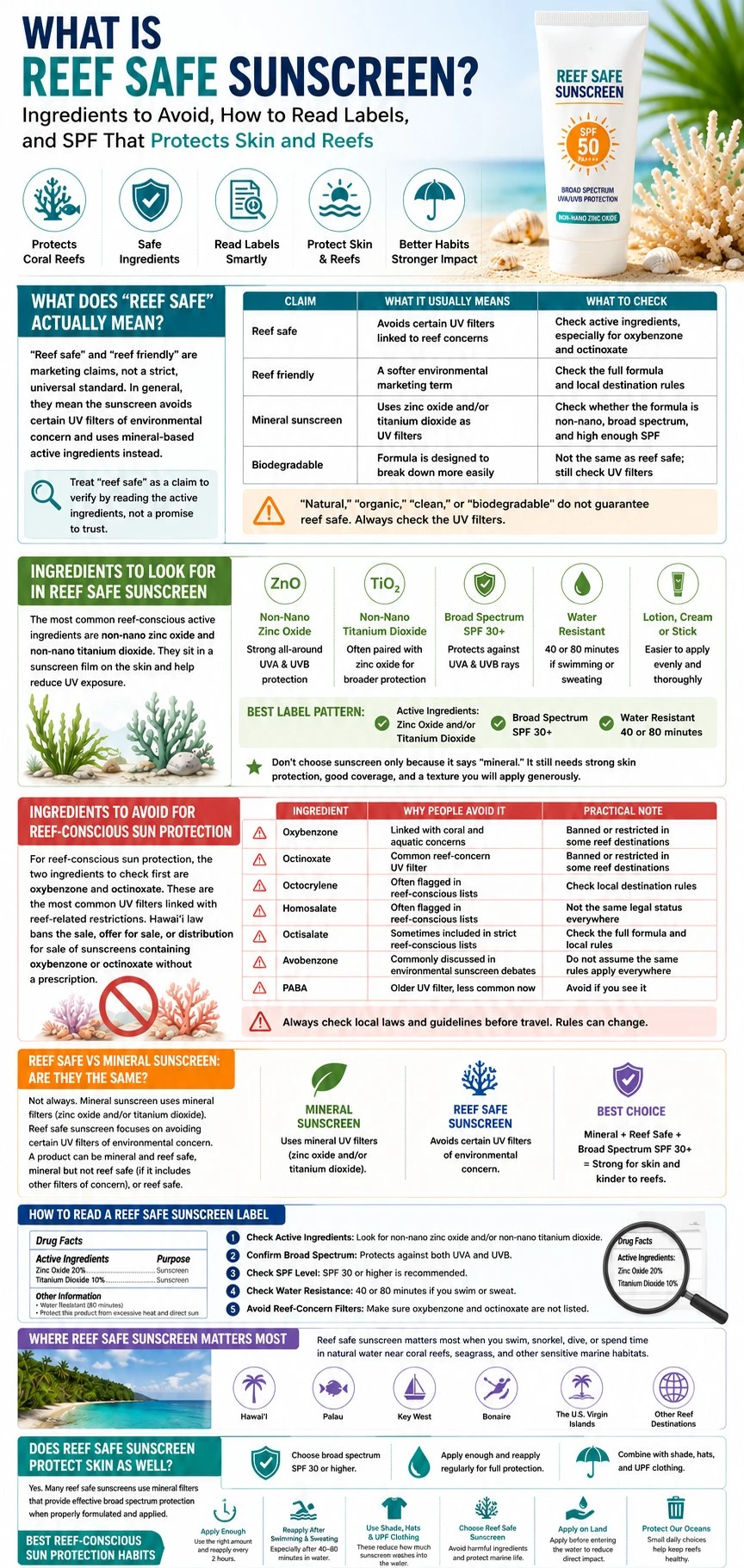 Reef safe sunscreen infographic explaining ingredients to avoid, mineral filters, label reading, SPF protection, and reef conscious sun habits - Zicail Beauty Reef safe sunscreen infographic explaining ingredients to avoid, mineral filters, label reading, SPF protection, and reef conscious sun habits - What Is Reef Safe Sunscreen? Ingredients and Labels