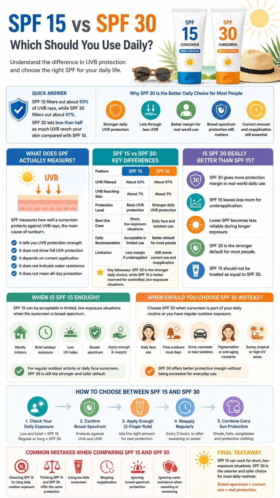 SPF 15 vs SPF 30 infographic comparing UVB protection, daily use, application, and sunscreen selection - Zicail Beauty SPF 15 vs SPF 30 infographic comparing UVB protection, daily use, application, and sunscreen selection - SPF 15 vs SPF 30 Sunscreen: Which Should You Use Daily?