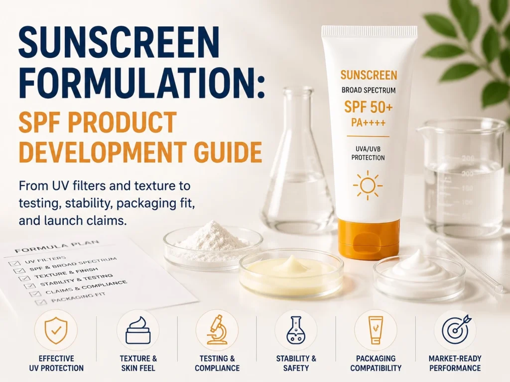 Simple clean sunscreen formulation guide cover showing SPF product development workflow, UV filters, texture, testing, and packaging planning