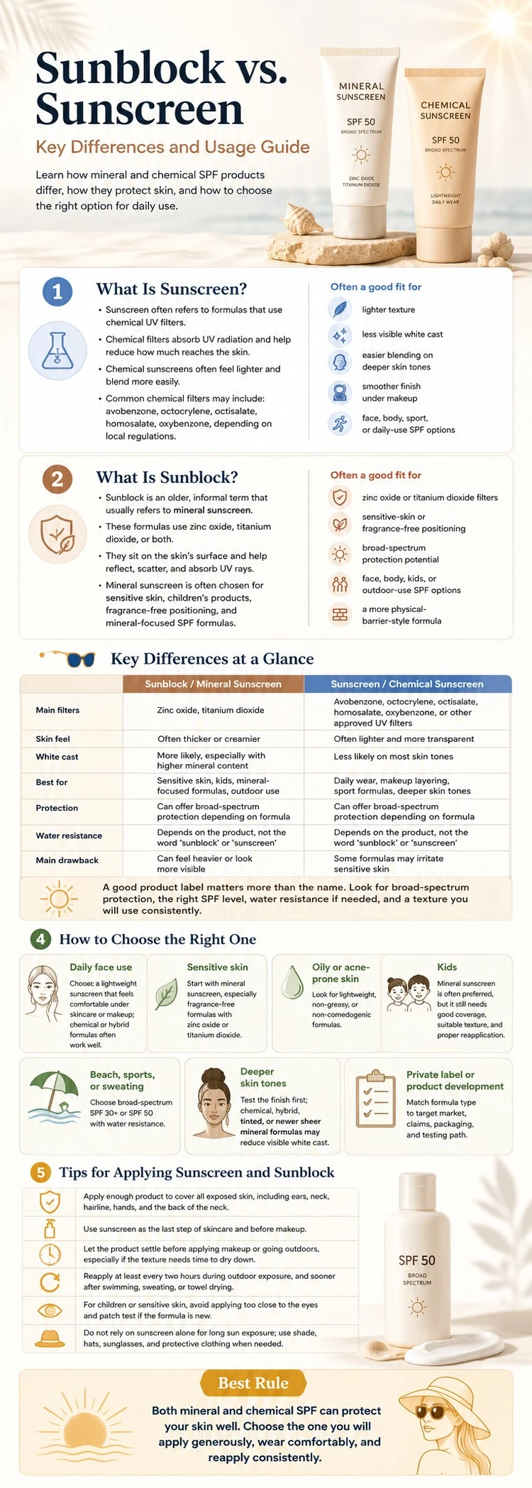 Sunblock vs sunscreen infographic explaining mineral and chemical SPF differences, skin feel, white cast, best uses, and application tips - Zicail Beauty Sunblock vs sunscreen infographic explaining mineral and chemical SPF differences, skin feel, white cast, best uses, and application tips - Sunblock vs. Sunscreen: Key Differences and Usage Guide