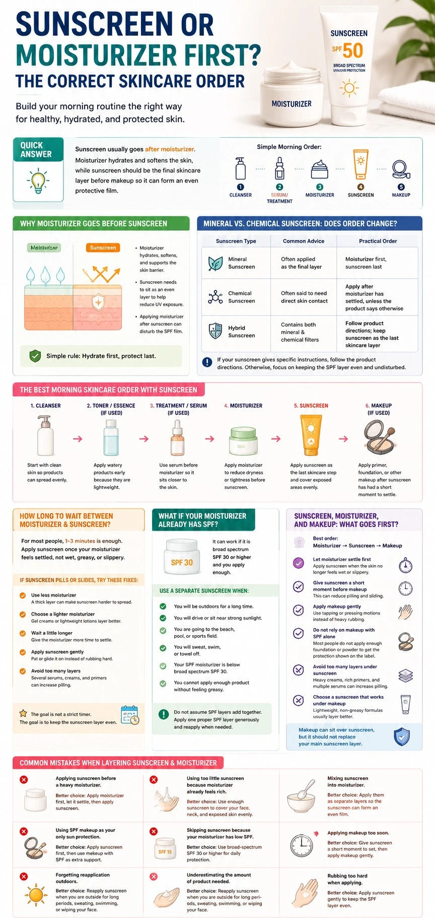 Sunscreen and moisturizer order infographic explaining morning skincare layering, SPF timing, makeup order, SPF moisturizer use, and common mistakes - Zicail Beauty Sunscreen and moisturizer order infographic explaining morning skincare layering, SPF timing, makeup order, SPF moisturizer use, and common mistakes - Sunscreen or Moisturizer First? Correct Skincare Order