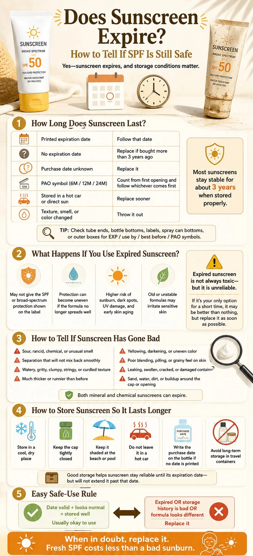 Sunscreen expiration infographic explaining shelf life, warning signs, storage rules, expired SPF risks, and when to replace sunscreen - Zicail Beauty Sunscreen expiration infographic explaining shelf life, warning signs, storage rules, expired SPF risks, and when to replace sunscreen - Does Sunscreen Expire? How to Tell If SPF Is Still Safe