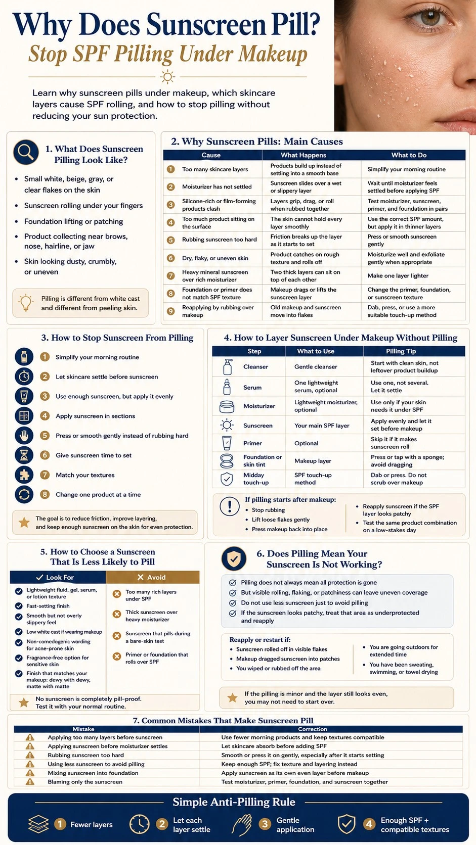 Sunscreen pilling infographic explaining causes, layering tips, makeup use, and anti pilling SPF routine - Zicail Beauty Sunscreen pilling infographic explaining causes, layering tips, makeup use, and anti pilling SPF routine - Why Does Sunscreen Pill? Stop SPF Pilling Under Makeup