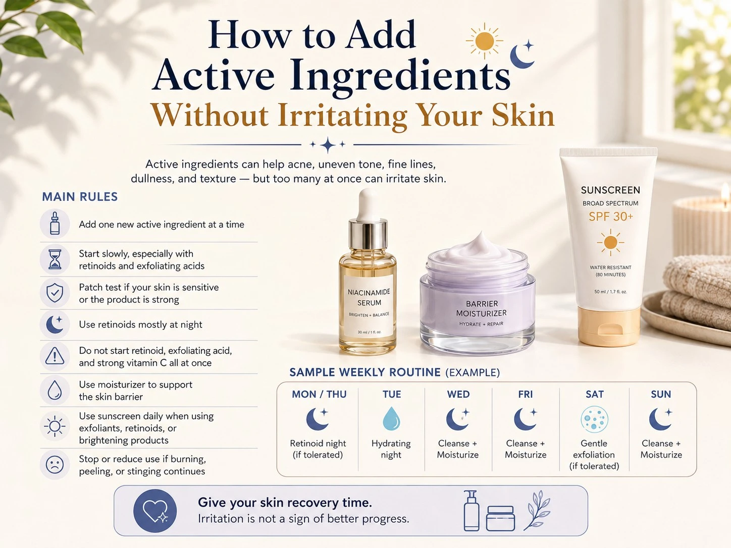 Active skincare ingredient guide showing safe use, weekly routine, moisturizer, and sunscreen support - Zicail Beauty Active skincare ingredient guide showing safe use, weekly routine, moisturizer, and sunscreen support - Skincare Routine Order: Morning and Night Step-by-Step