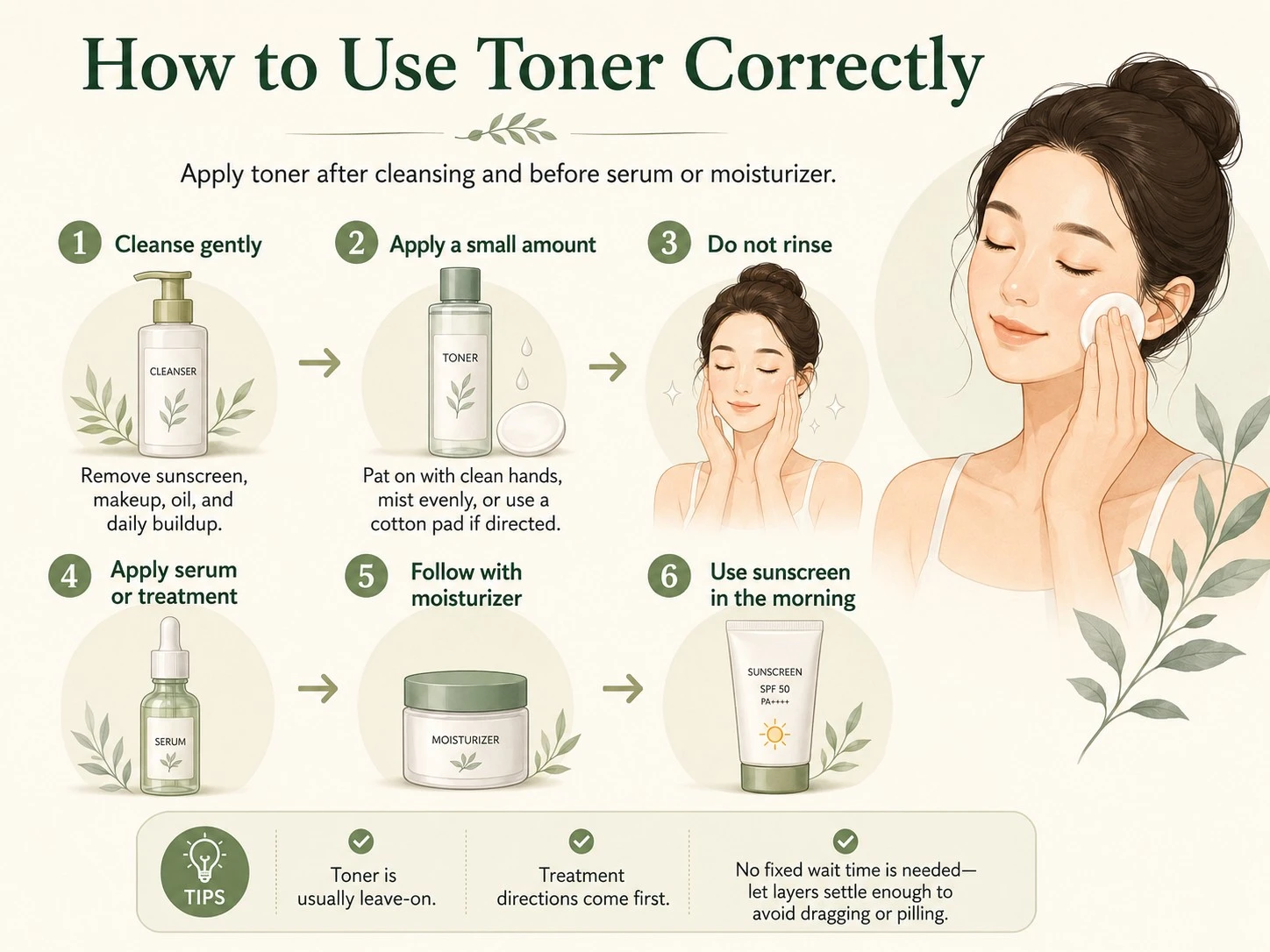 Correct toner routine showing cleansing toner application serum moisturizer and morning sunscreen - Zicail Beauty Correct toner routine showing cleansing toner application serum moisturizer and morning sunscreen - Do You Really Need Toner? Benefits, Uses & Who Needs It