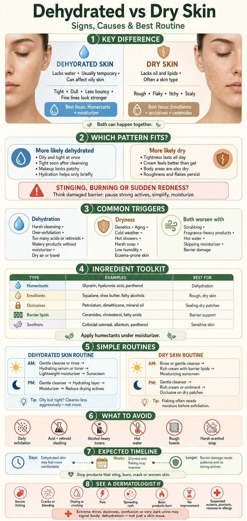 Dehydrated vs dry skin infographic comparing signs, causes, ingredients, routines, recovery timelines, and warning signs - Zicail Beauty Dehydrated vs dry skin infographic comparing signs, causes, ingredients, routines, recovery timelines, and warning signs - Dehydrated vs Dry Skin: Signs, Causes & Best Routine
