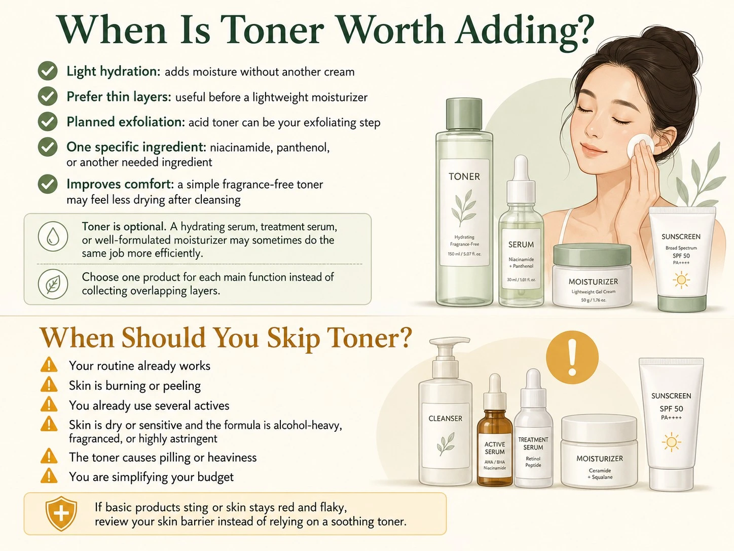 Guide showing when toner adds value and when dry irritated or overloaded skin should skip it - Zicail Beauty Guide showing when toner adds value and when dry irritated or overloaded skin should skip it - Do You Really Need Toner? Benefits, Uses & Who Needs It
