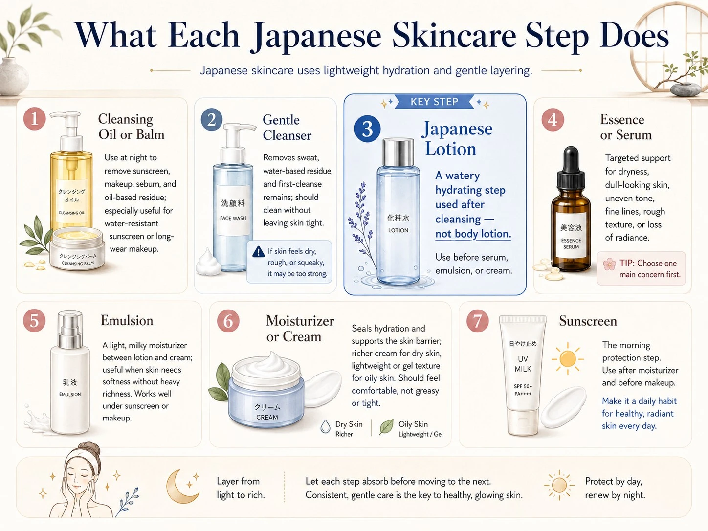 Japanese skincare steps explained with cleansing oil, lotion, serum, emulsion, moisturizer, and sunscreen - Zicail Beauty Japanese skincare steps explained with cleansing oil, lotion, serum, emulsion, moisturizer, and sunscreen - Japanese Skincare Routine: Steps, Tips, and Products