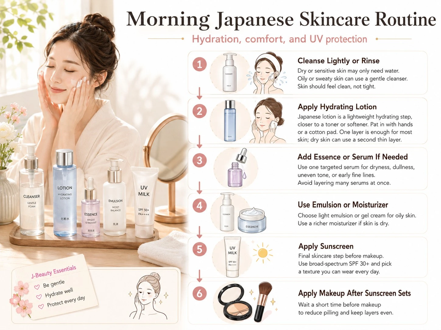 Morning Japanese skincare routine with cleansing, hydrating lotion, serum, moisturizer, sunscreen, and makeup steps - Zicail Beauty Morning Japanese skincare routine with cleansing, hydrating lotion, serum, moisturizer, sunscreen, and makeup steps - Japanese Skincare Routine: Steps, Tips, and Products