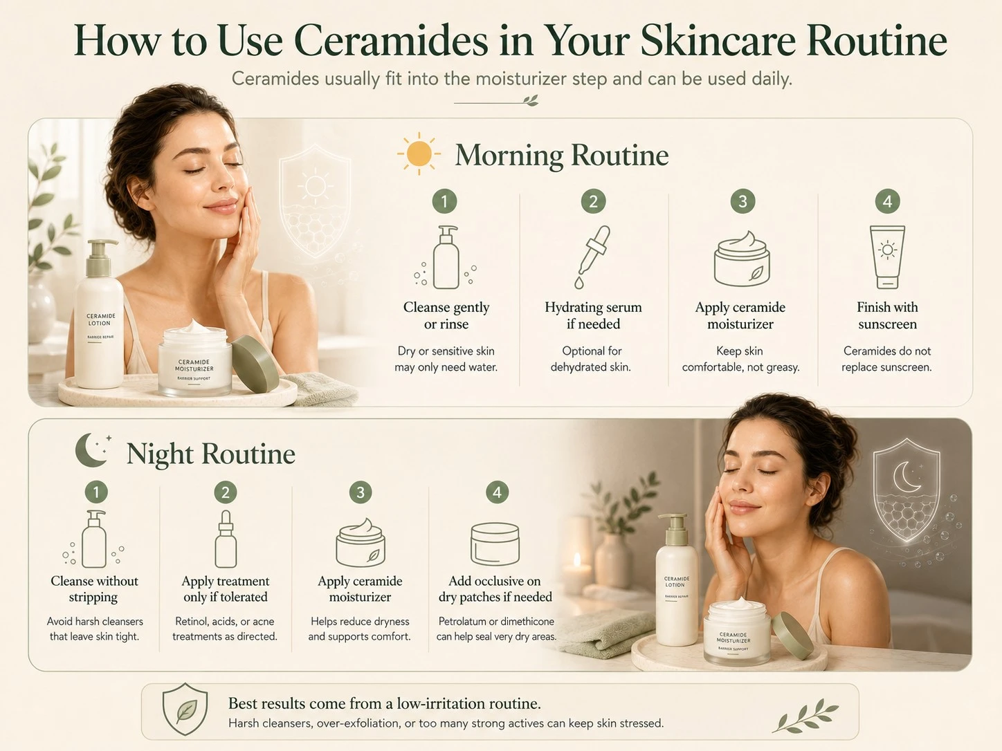 Morning and night ceramide skincare routine with cleanser serum moisturizer sunscreen and occlusive care - Zicail Beauty Morning and night ceramide skincare routine with cleanser serum moisturizer sunscreen and occlusive care - Ceramides for Skin: Benefits, Barrier Repair & Use