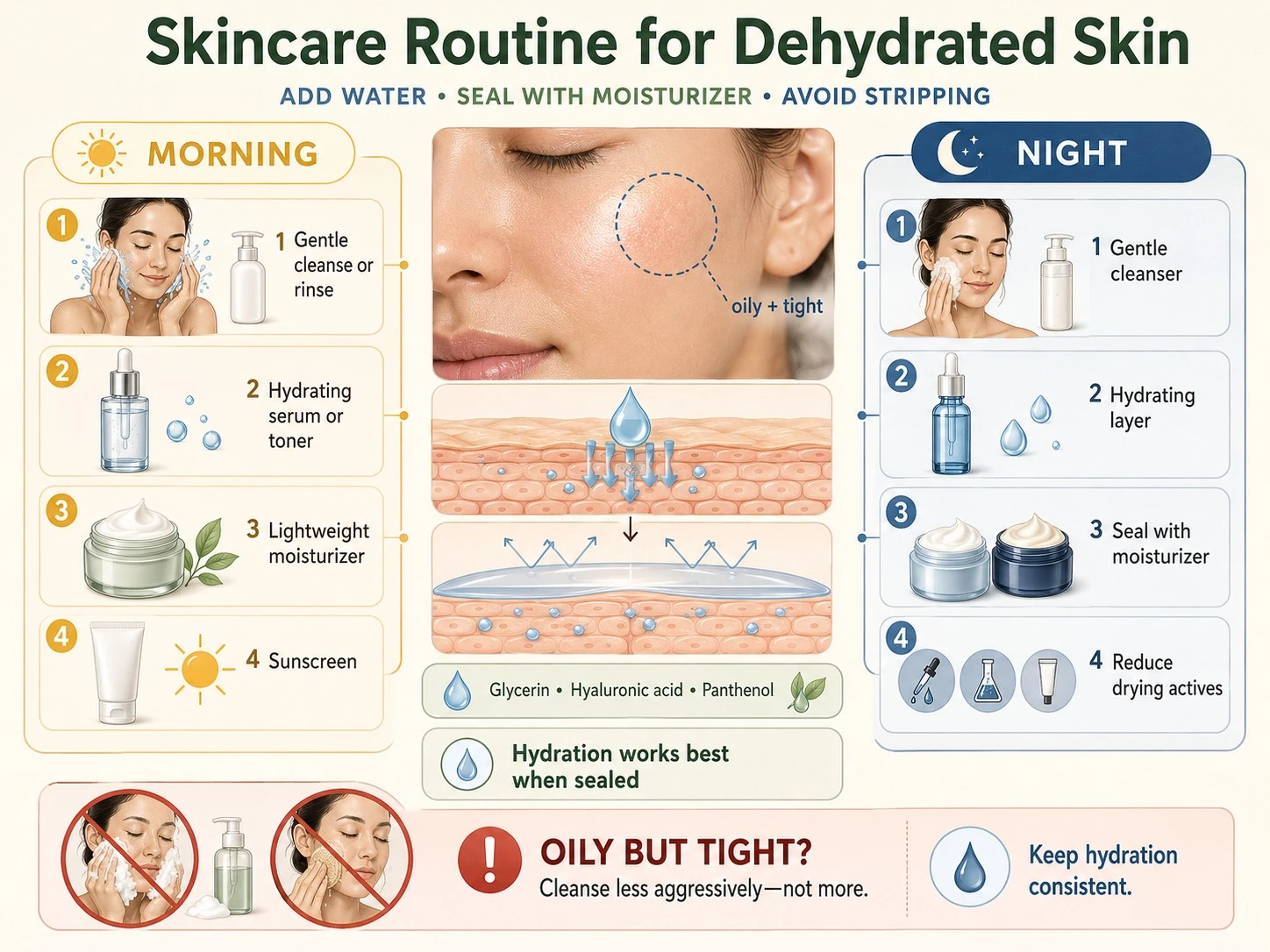 Morning and night dehydrated skin routine with gentle cleansing, hydrating serum, moisturizer, and sunscreen - Zicail Beauty Morning and night dehydrated skin routine with gentle cleansing, hydrating serum, moisturizer, and sunscreen - Dehydrated vs Dry Skin: Signs, Causes & Best Routine