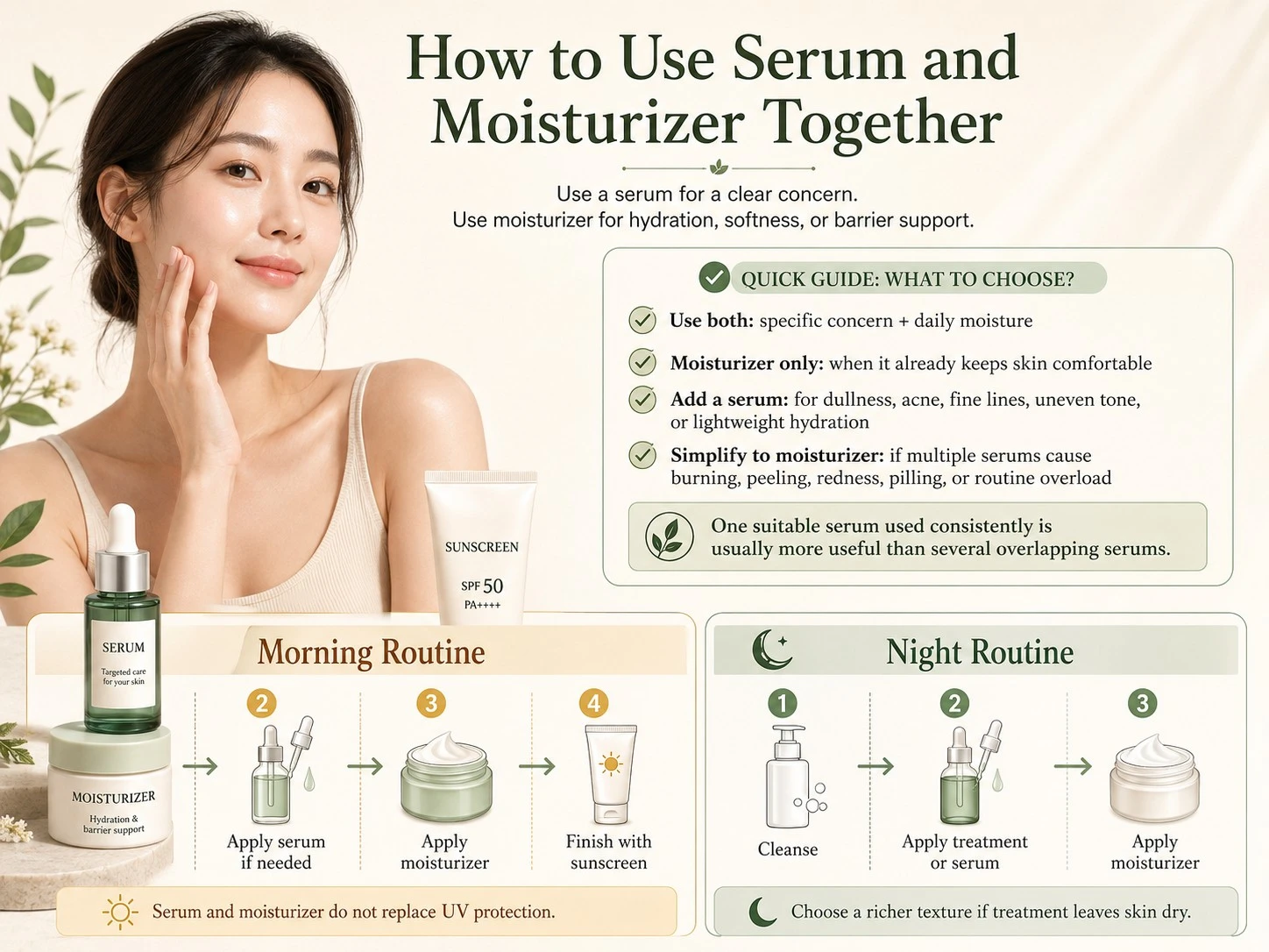 Morning and night routine showing how to use serum and moisturizer together - Zicail Beauty Morning and night routine showing how to use serum and moisturizer together - Serum vs Moisturizer: Which to Use and Apply First