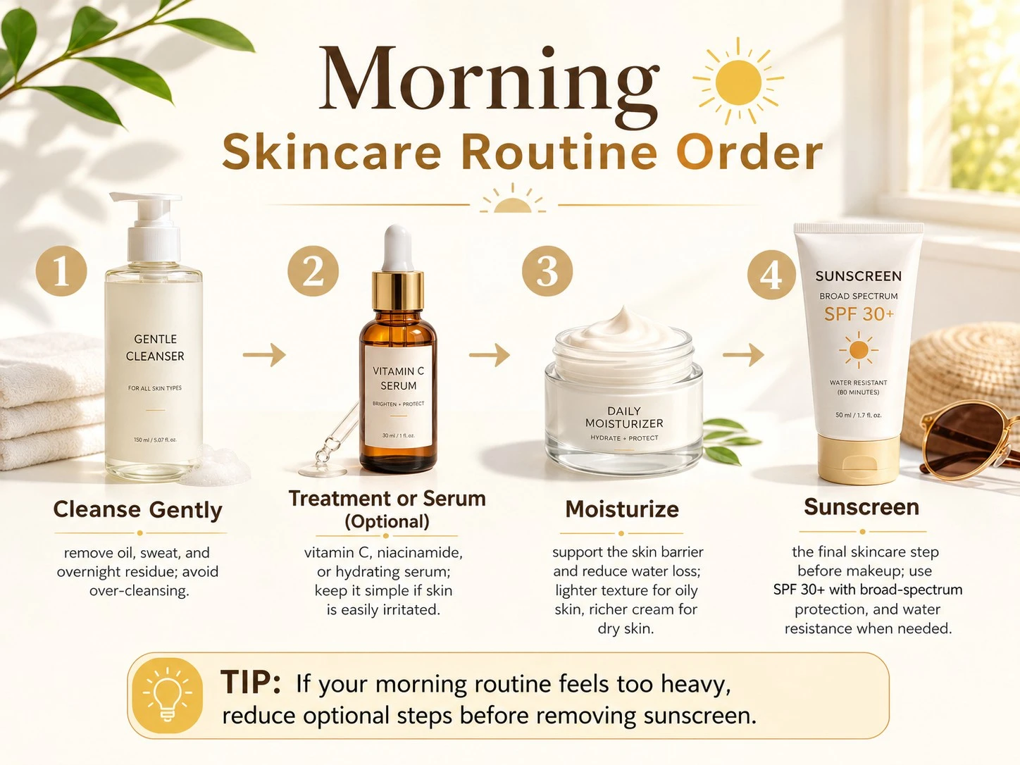 Morning skincare routine order with cleanser, serum, moisturizer, and sunscreen steps - Zicail Beauty Morning skincare routine order with cleanser, serum, moisturizer, and sunscreen steps - Skincare Routine Order: Morning and Night Step-by-Step