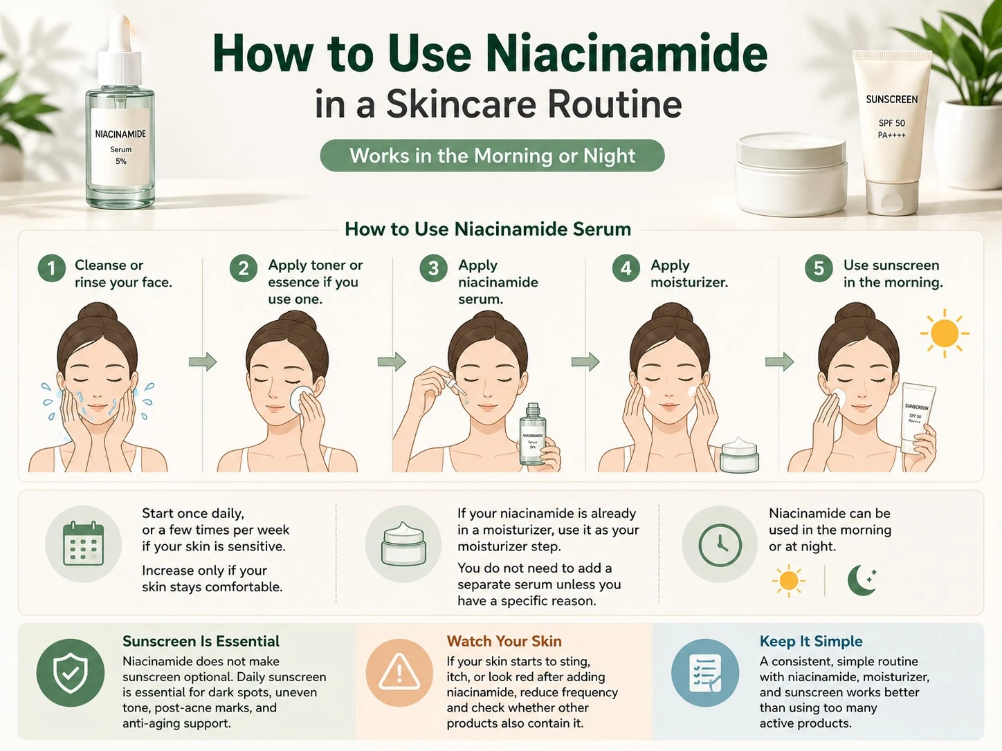 Niacinamide routine illustration with cleanser, toner, serum, moisturizer, sunscreen, frequency, and sensitivity tips - Zicail Beauty Niacinamide routine illustration with cleanser, toner, serum, moisturizer, sunscreen, frequency, and sensitivity tips - Niacinamide for Skin: Benefits, Uses & How to Apply