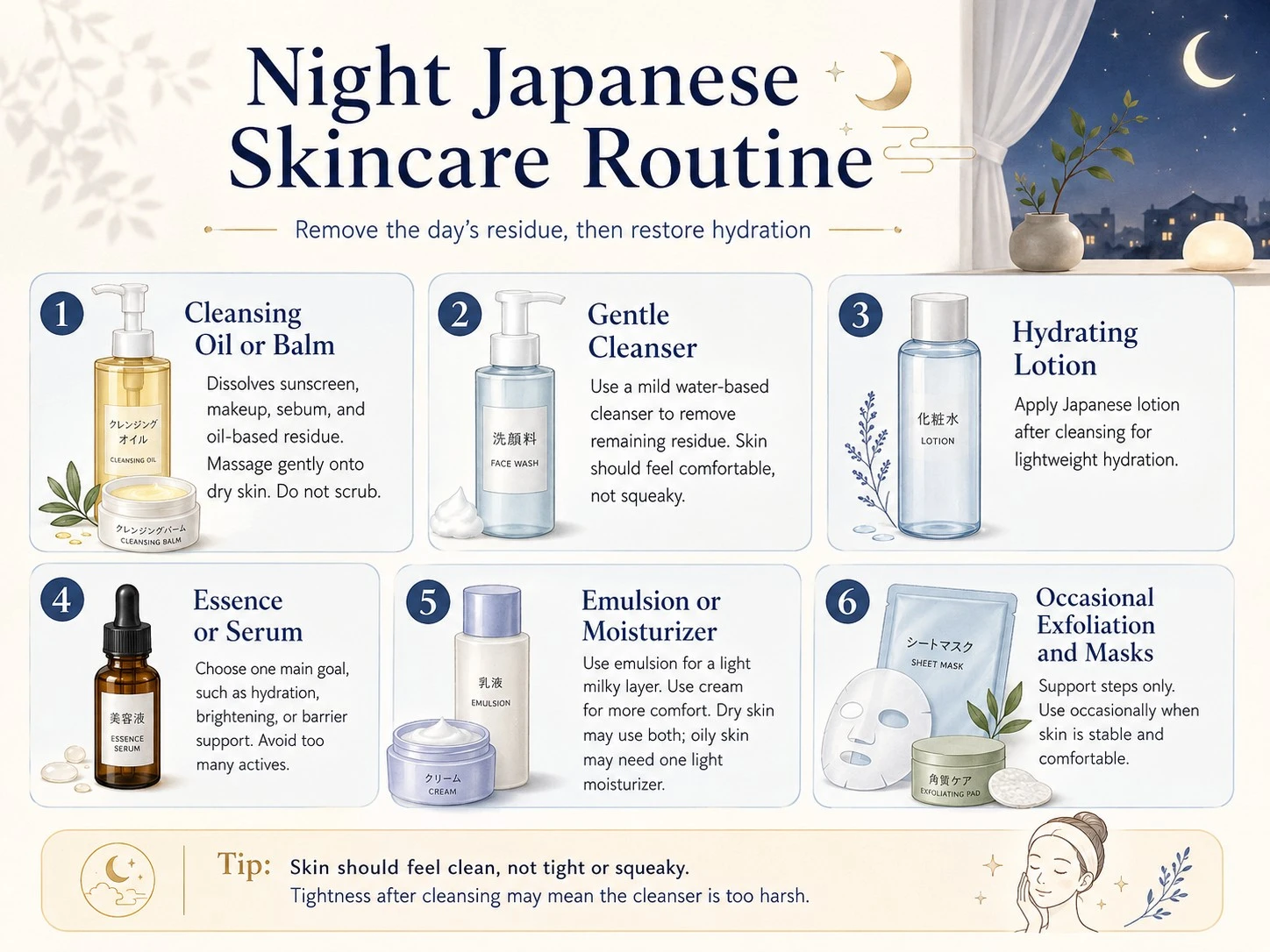 Night Japanese skincare routine with cleansing oil, gentle cleanser, lotion, serum, moisturizer, and occasional mask - Zicail Beauty Night Japanese skincare routine with cleansing oil, gentle cleanser, lotion, serum, moisturizer, and occasional mask - Japanese Skincare Routine: Steps, Tips, and Products