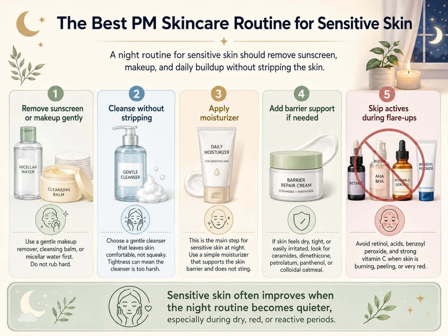 Night sensitive skin routine with makeup removal, gentle cleanser, moisturizer, barrier support, and active ingredient pause - Zicail Beauty Night sensitive skin routine with makeup removal, gentle cleanser, moisturizer, barrier support, and active ingredient pause - Skincare Routine for Sensitive Skin: Simple AM & PM