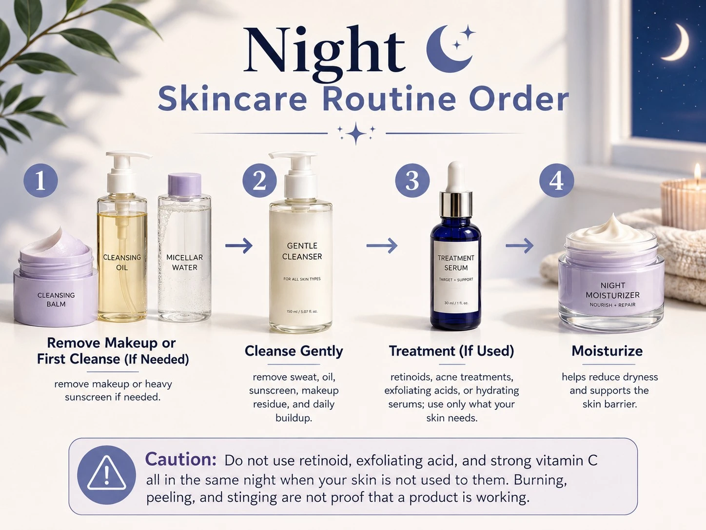 Night skincare routine order with makeup removal, cleanser, treatment serum, and moisturizer - Zicail Beauty Night skincare routine order with makeup removal, cleanser, treatment serum, and moisturizer - Skincare Routine Order: Morning and Night Step-by-Step