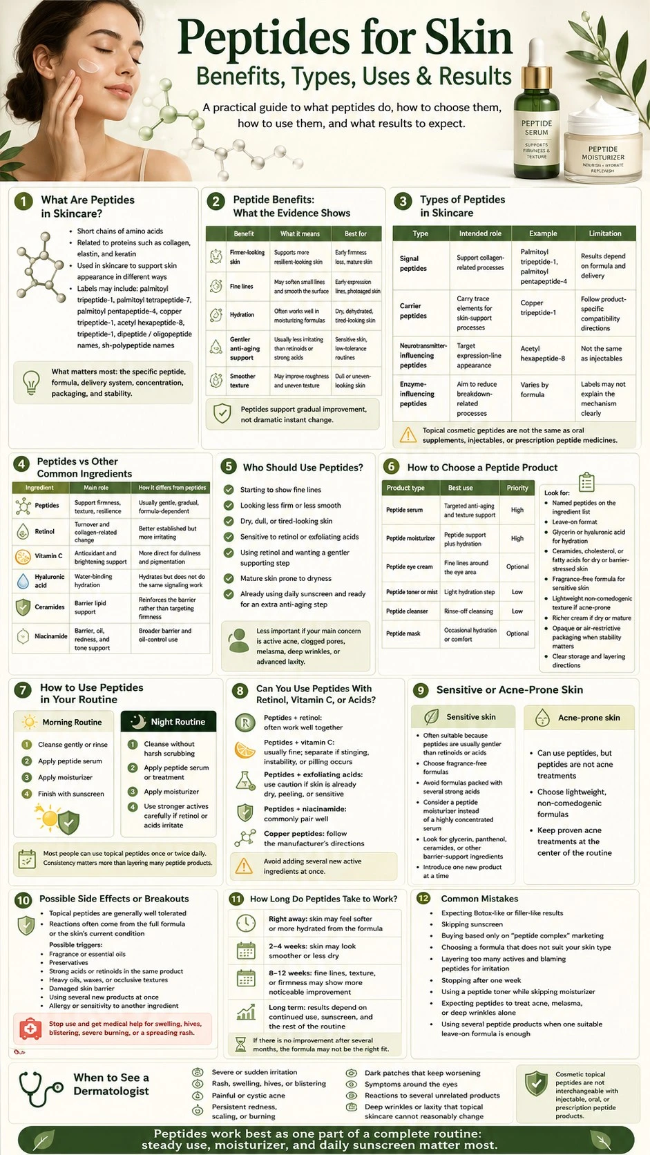 Peptide skincare infographic covering benefits types product selection routine use ingredient pairings results and safety - Zicail Beauty Peptide skincare infographic covering benefits types product selection routine use ingredient pairings results and safety - Peptides for Skin: Benefits, Types, Uses & Results