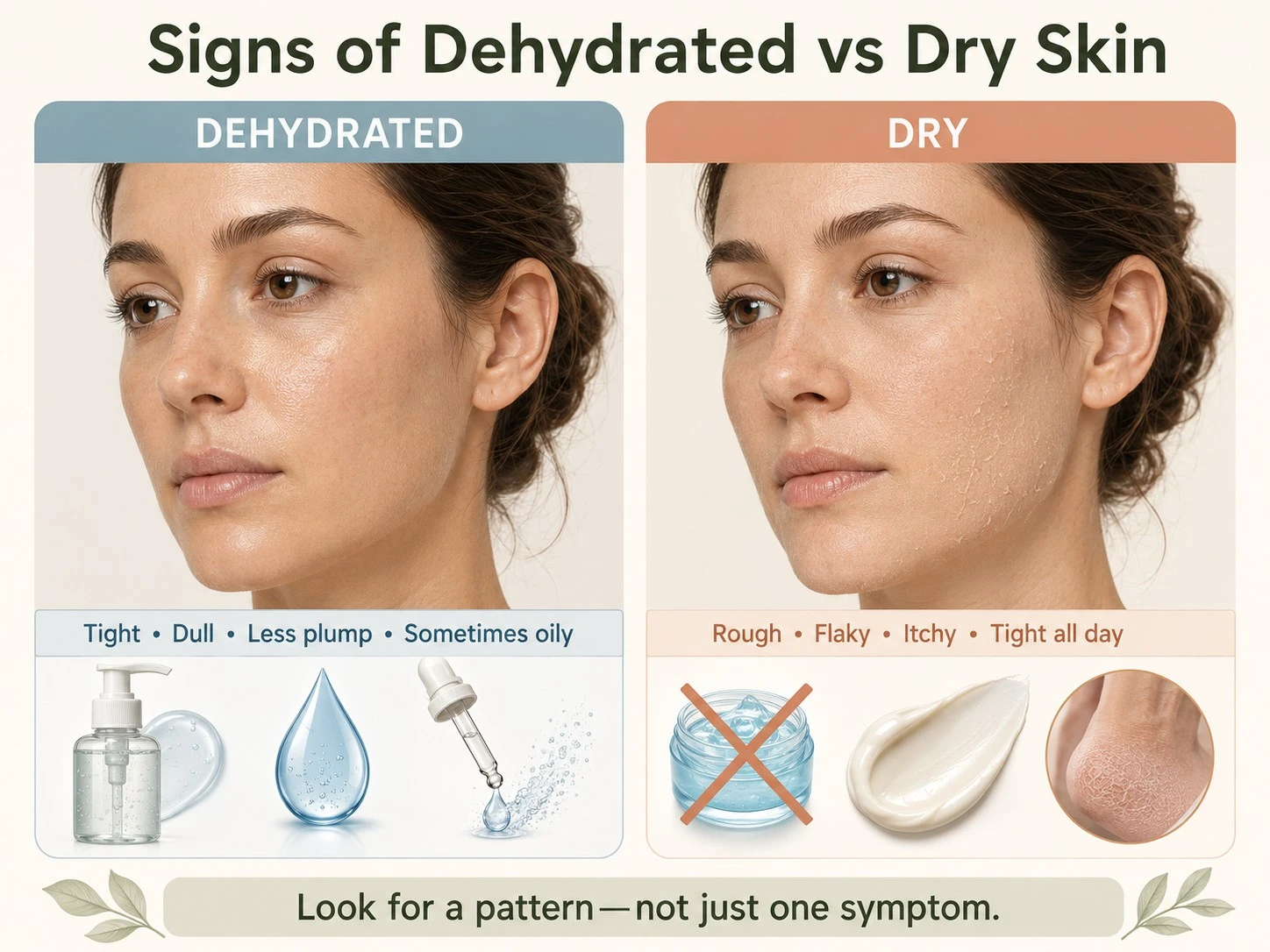 Signs of dehydrated and dry skin with visual comparisons of tightness, dullness, roughness, and flaking - Zicail Beauty Signs of dehydrated and dry skin with visual comparisons of tightness, dullness, roughness, and flaking - Dehydrated vs Dry Skin: Signs, Causes & Best Routine