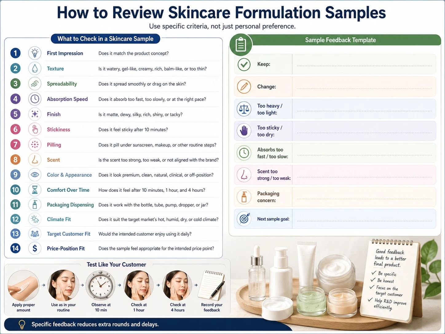 Skincare formulation sample review checklist covering texture, absorption, finish, scent, packaging, climate fit, and feedback - Zicail Beauty Skincare formulation sample review checklist covering texture, absorption, finish, scent, packaging, climate fit, and feedback - Skincare Formulation Guide: How Brands Develop Products
