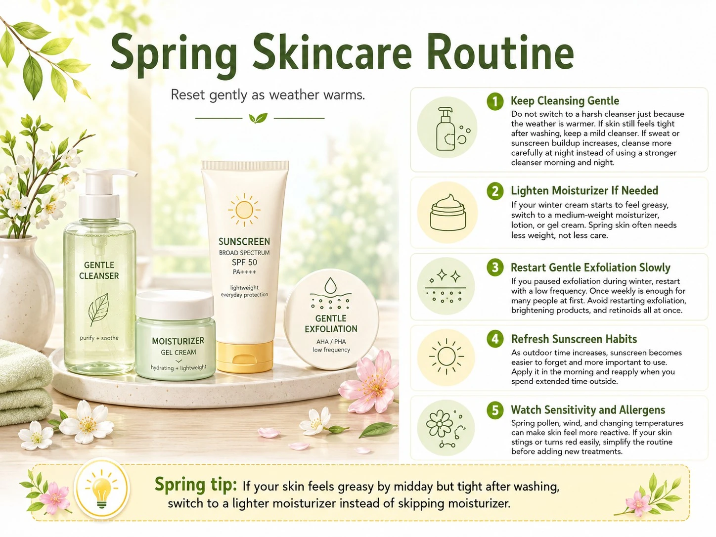 Spring skincare routine with gentle cleanser, lighter moisturizer, sunscreen, and controlled exfoliation - Zicail Beauty Spring skincare routine with gentle cleanser, lighter moisturizer, sunscreen, and controlled exfoliation - Seasonal Skincare Routine: Year-Round Skin Care Guide