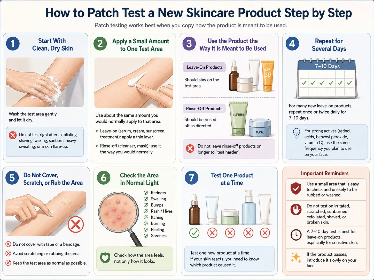 Step by step skincare patch test guide with clean skin, small application, reaction check, and one product testing - Zicail Beauty Step by step skincare patch test guide with clean skin, small application, reaction check, and one product testing - How to Patch Test Skincare Products Before Using Them