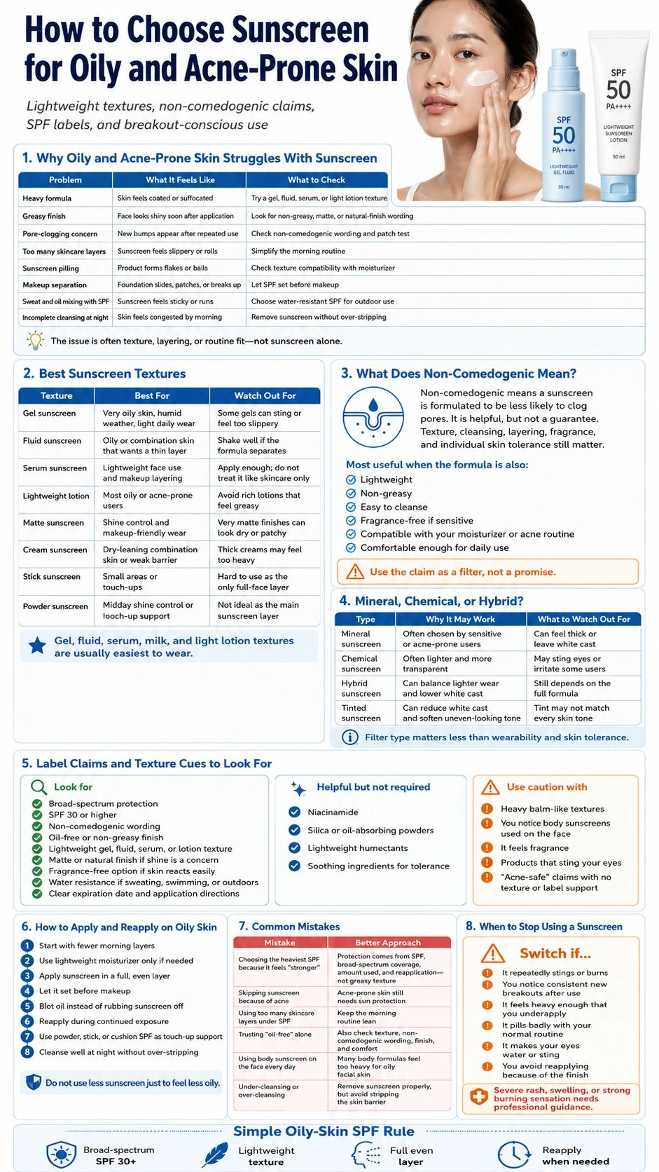 Sunscreen for oily and acne prone skin infographic covering textures, labels, application, and breakout conscious SPF tips - Zicail Beauty Sunscreen for oily and acne prone skin infographic covering textures, labels, application, and breakout conscious SPF tips - How to Choose Sunscreen for Oily and Acne-Prone Skin
