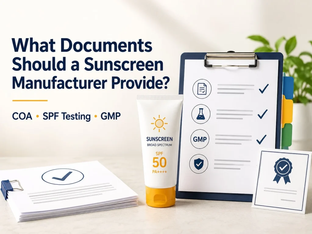 Sunscreen manufacturer document checklist with COA, SPF testing, GMP, and compliance files