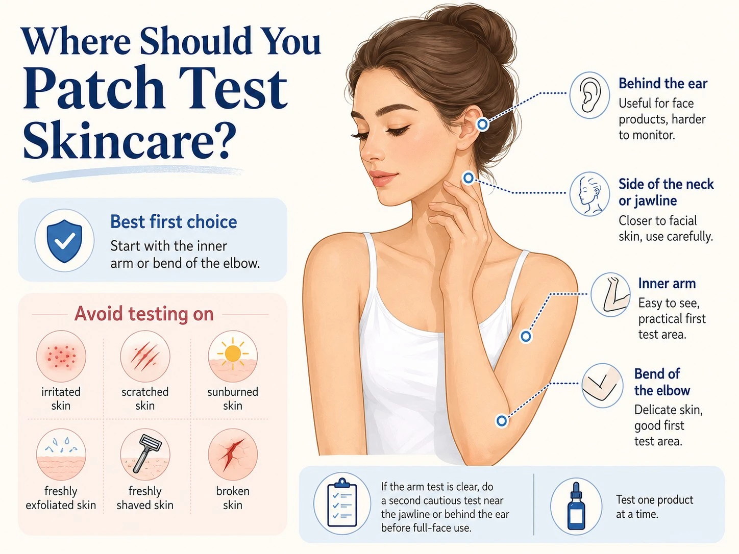 Where to patch test skincare products including inner arm, elbow bend, behind ear, and jawline - Zicail Beauty Where to patch test skincare products including inner arm, elbow bend, behind ear, and jawline - How to Patch Test Skincare Products Before Using Them