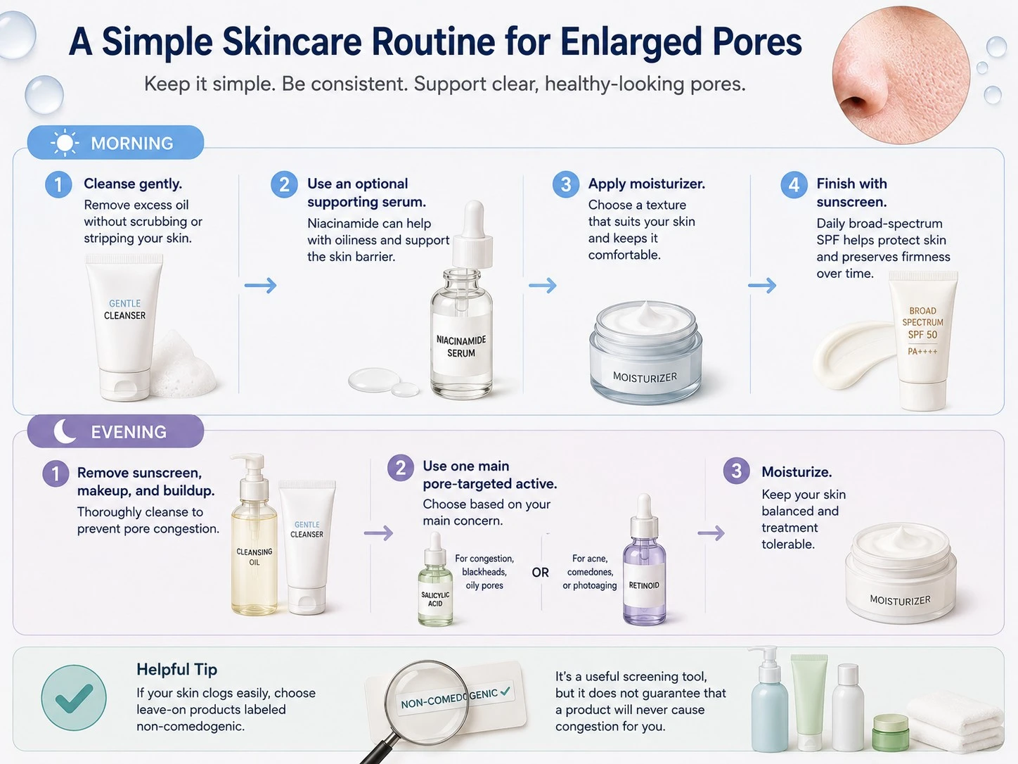 A Simple Skincare Routine for Enlarged Pores illustration showing morning and evening pore care steps - Zicail Beauty A Simple Skincare Routine for Enlarged Pores illustration showing morning and evening pore care steps - Enlarged Pores: Causes, Treatment & How to Minimize Them
