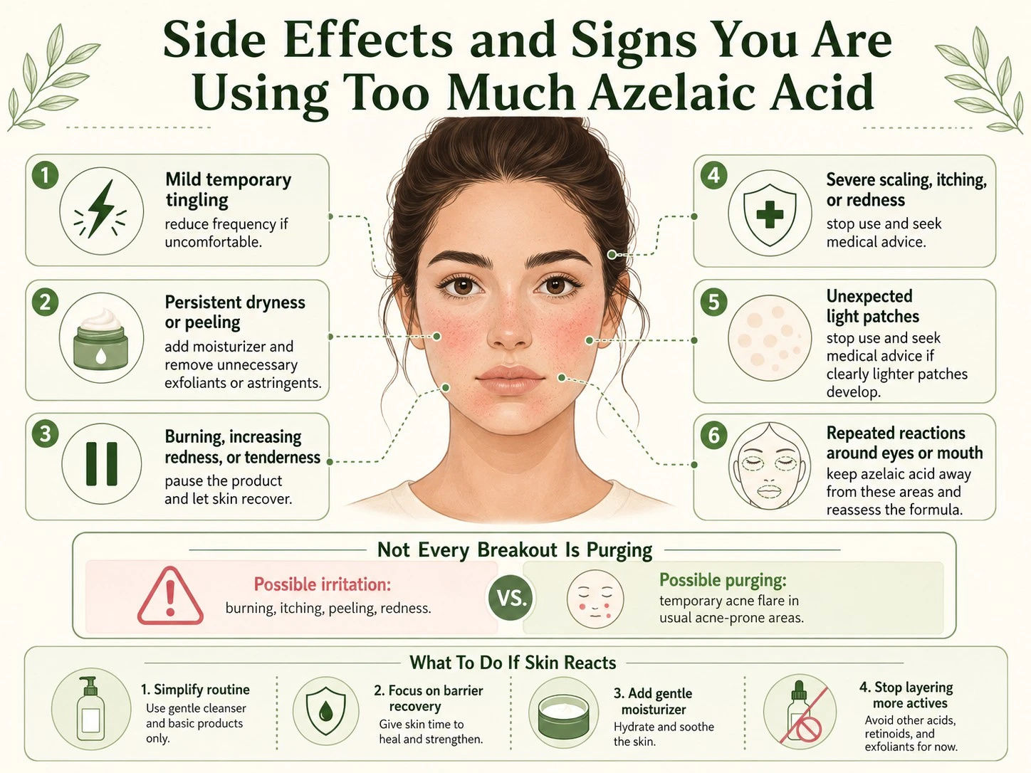 Azelaic acid side effects guide showing tingling peeling redness light patches irritation and barrier recovery - Zicail Beauty Azelaic acid side effects guide showing tingling peeling redness light patches irritation and barrier recovery - Azelaic Acid for Skin: Benefits, Uses & How to Use It