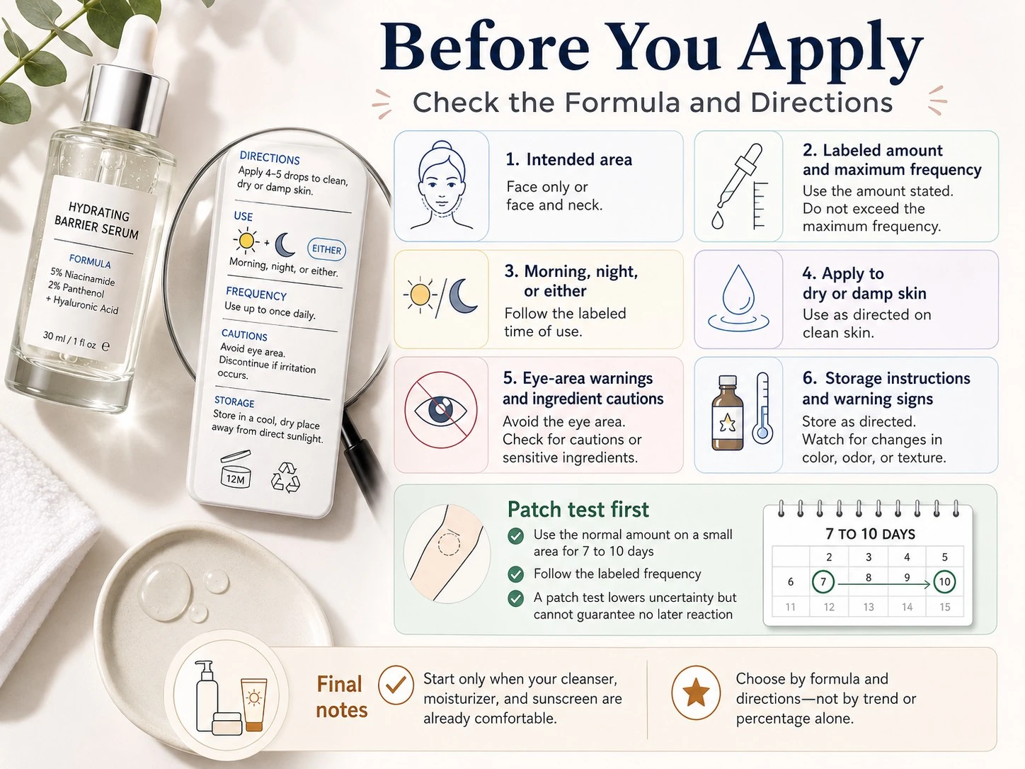 Before You Apply Check the Formula and Directions illustration showing serum label amount frequency patch testing and storage - Zicail Beauty Before You Apply Check the Formula and Directions illustration showing serum label amount frequency patch testing and storage - How to Use Face Serum: Order, Amount and Frequency