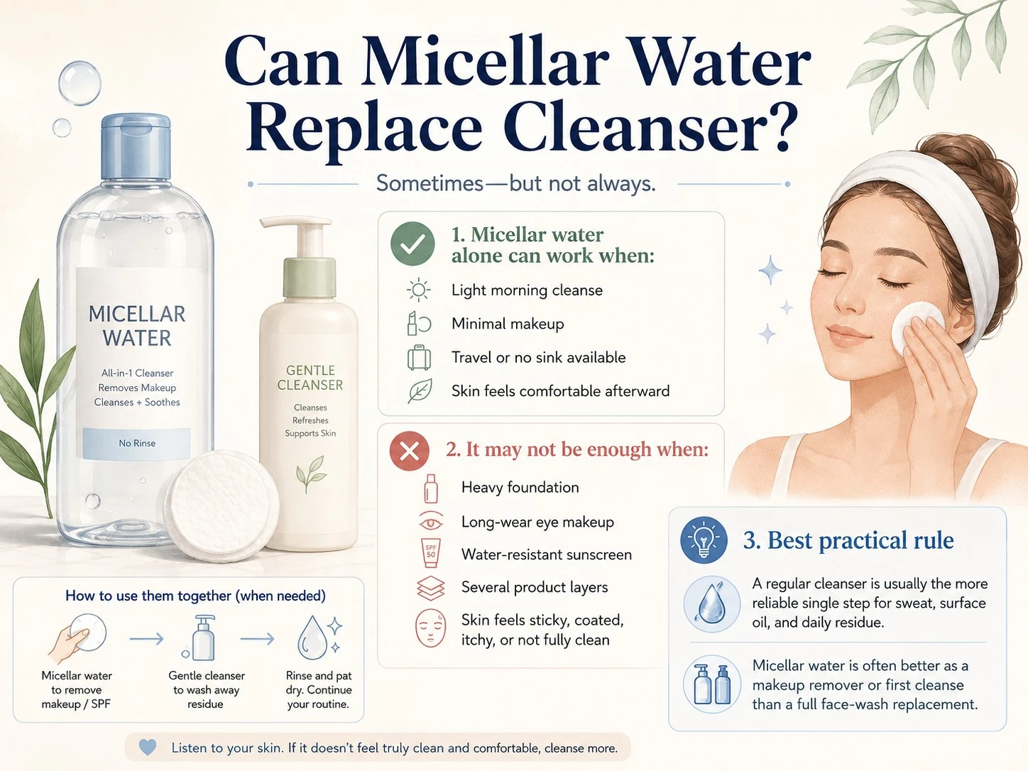 Can Micellar Water Replace Cleanser illustration showing light cleansing heavy makeup limits and best practical use - Zicail Beauty Can Micellar Water Replace Cleanser illustration showing light cleansing heavy makeup limits and best practical use - Micellar Water vs Cleanser: Which Is Better for Skin?
