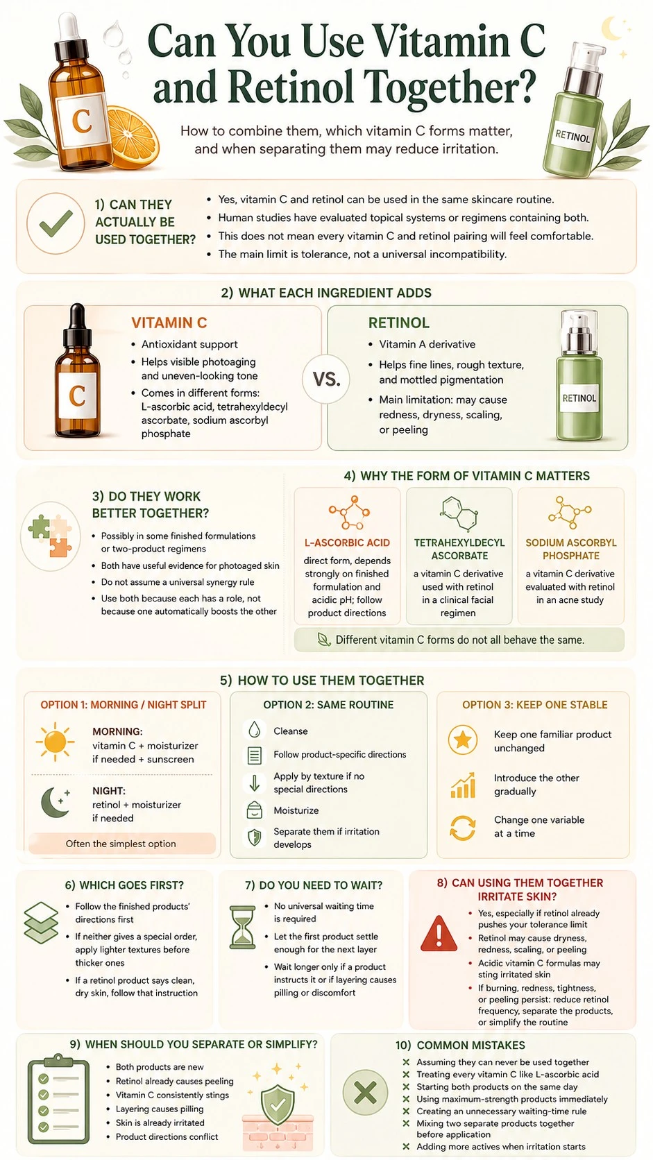 Can You Use Vitamin C and Retinol Together infographic covering benefits vitamin C forms layering timing irritation and mistakes - Zicail Beauty Can You Use Vitamin C and Retinol Together infographic covering benefits vitamin C forms layering timing irritation and mistakes - Can You Use Vitamin C and Retinol Together?