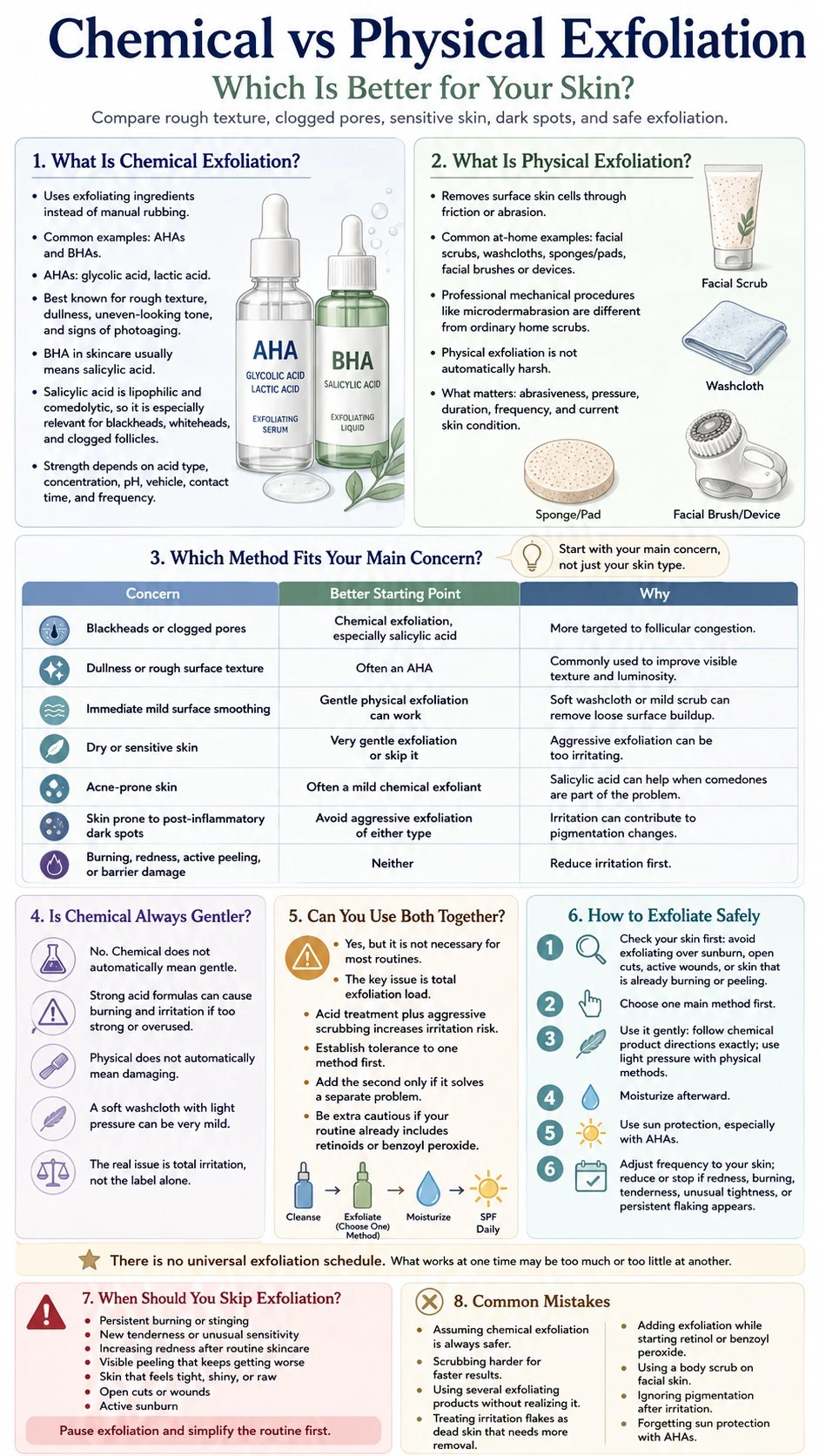Chemical vs Physical Exfoliation infographic comparing methods concerns safety frequency irritation sunscreen and common mistakes - Zicail Beauty Chemical vs Physical Exfoliation infographic comparing methods concerns safety frequency irritation sunscreen and common mistakes - Chemical vs Physical Exfoliation: Which Is Better?