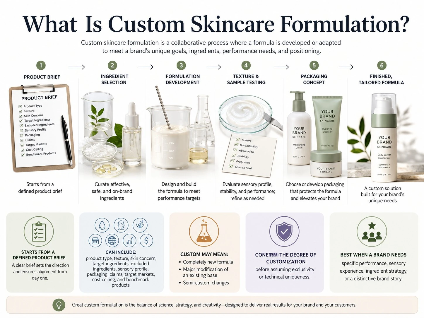 Custom skincare formulation process showing product brief ingredient selection formula development testing packaging and finished product - Zicail Beauty Custom skincare formulation process showing product brief ingredient selection formula development testing packaging and finished product - Private Label vs Custom Skincare: Which Is Better?