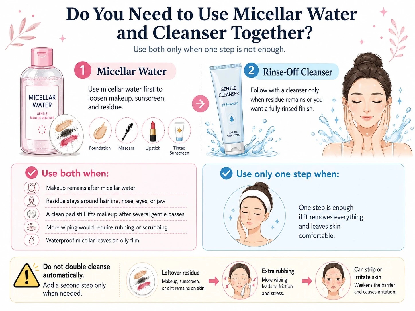 Do You Need Micellar Water and Cleanser Together illustration showing when to double cleanse or use one step - Zicail Beauty Do You Need Micellar Water and Cleanser Together illustration showing when to double cleanse or use one step - Micellar Water vs Cleanser: Which Is Better for Skin?