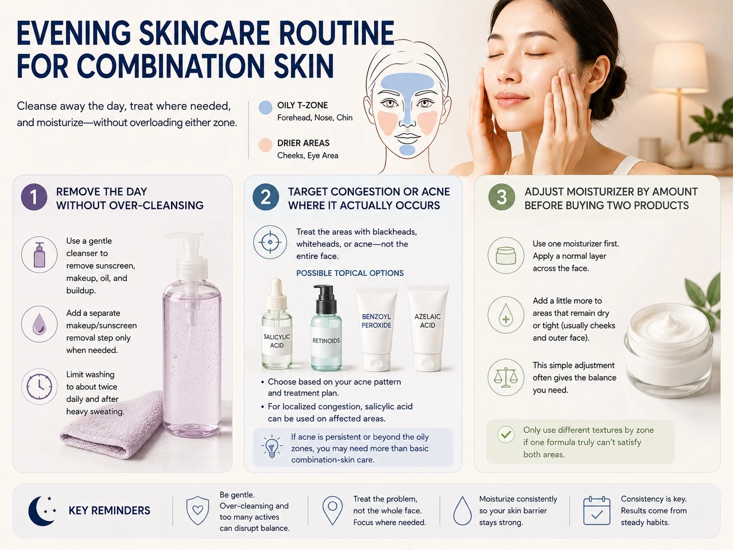 Evening Skincare Routine for Combination Skin illustration showing gentle cleansing targeted treatment and zone adjusted moisturizer - Zicail Beauty Evening Skincare Routine for Combination Skin illustration showing gentle cleansing targeted treatment and zone adjusted moisturizer - Skincare Routine for Combination Skin: AM & PM Steps