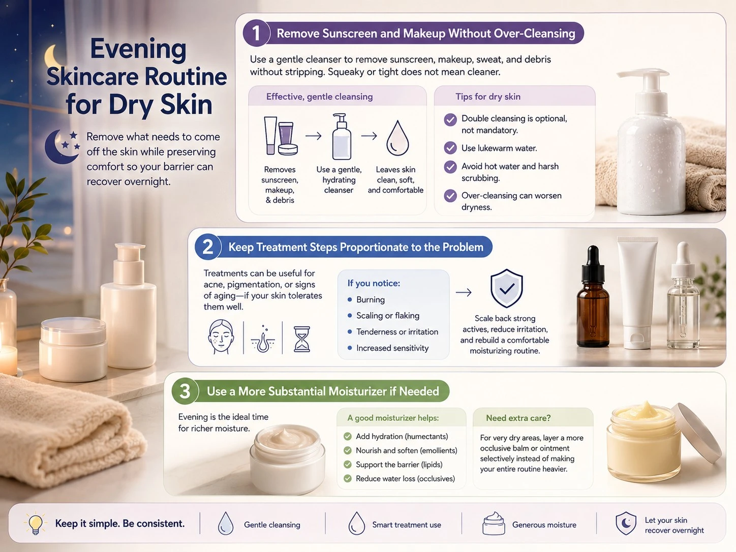 Evening Skincare Routine for Dry Skin illustration showing gentle cleansing treatment control and richer moisturizer - Zicail Beauty Evening Skincare Routine for Dry Skin illustration showing gentle cleansing treatment control and richer moisturizer - Skincare Routine for Dry Skin: Simple AM & PM Steps
