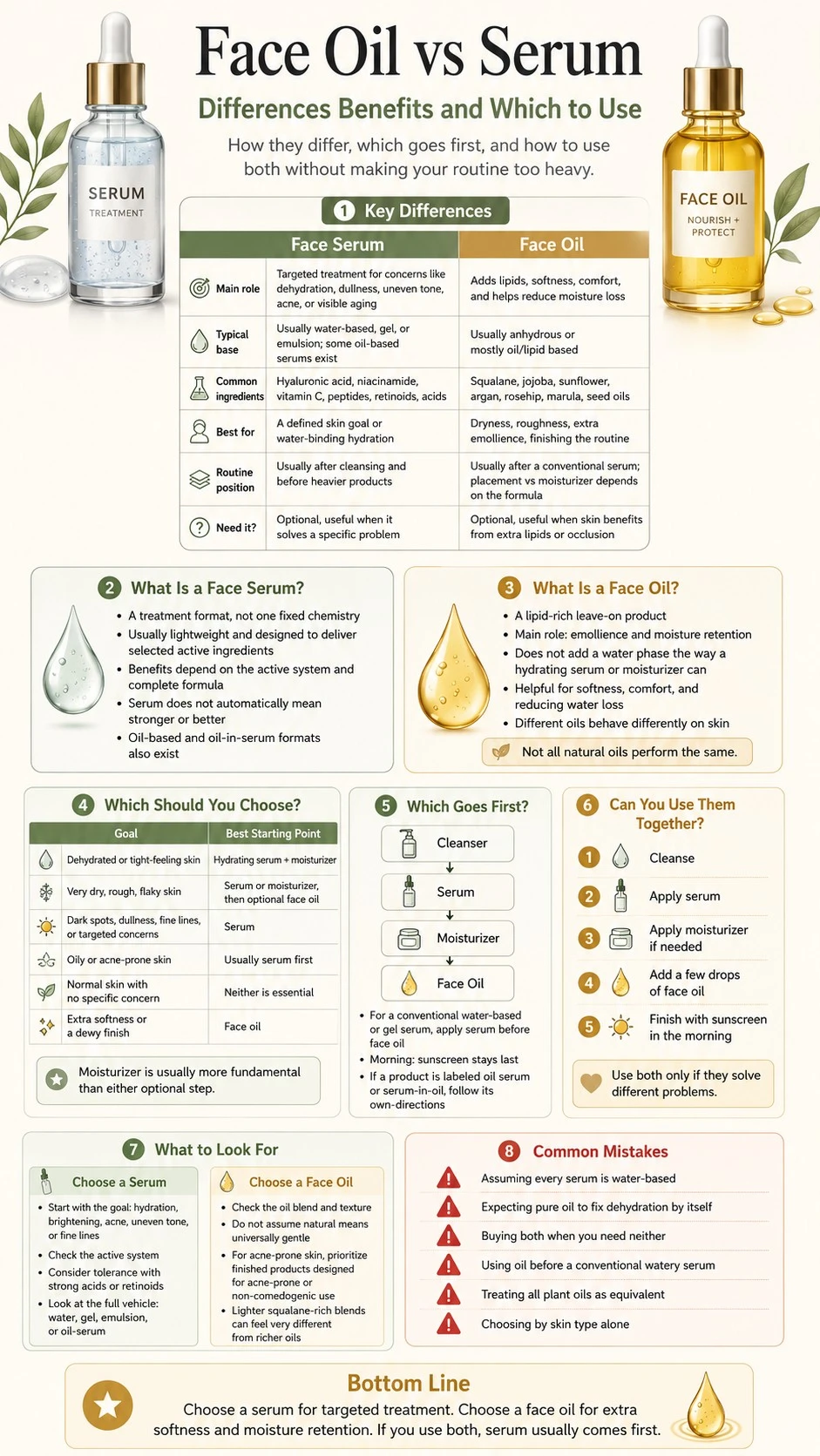 Face Oil vs Serum infographic covering differences benefits routine order skin goals ingredients and common mistakes - Zicail Beauty Face Oil vs Serum infographic covering differences benefits routine order skin goals ingredients and common mistakes - Face Oil vs Serum: Differences, Benefits & Which to Use