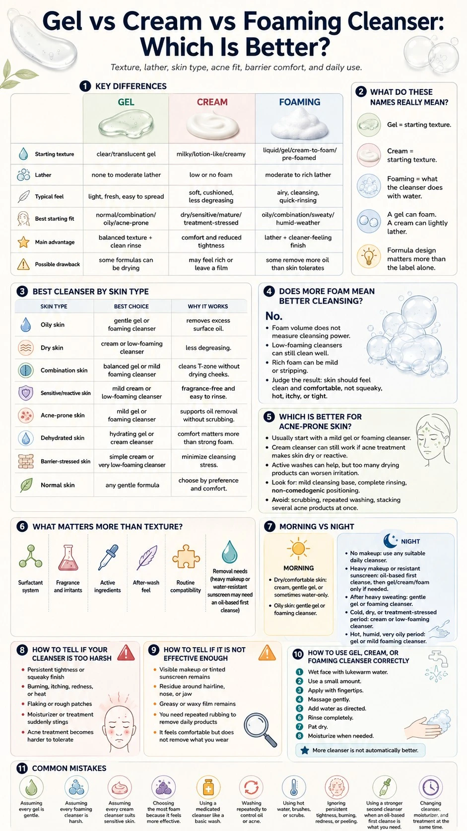 Gel vs Cream vs Foaming Cleanser infographic with texture differences skin type guide foam myths and cleanser mistakes - Zicail Beauty Gel vs Cream vs Foaming Cleanser infographic with texture differences skin type guide foam myths and cleanser mistakes - Gel vs Cream vs Foaming Cleanser: Which Is Better?