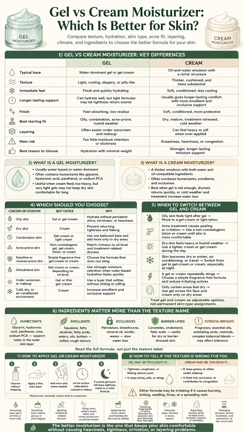 Gel vs cream moisturizer infographic covering differences skin types ingredients application switching and texture problems - Zicail Beauty Gel vs cream moisturizer infographic covering differences skin types ingredients application switching and texture problems - Gel vs Cream Moisturizer: Which Is Better for Skin?