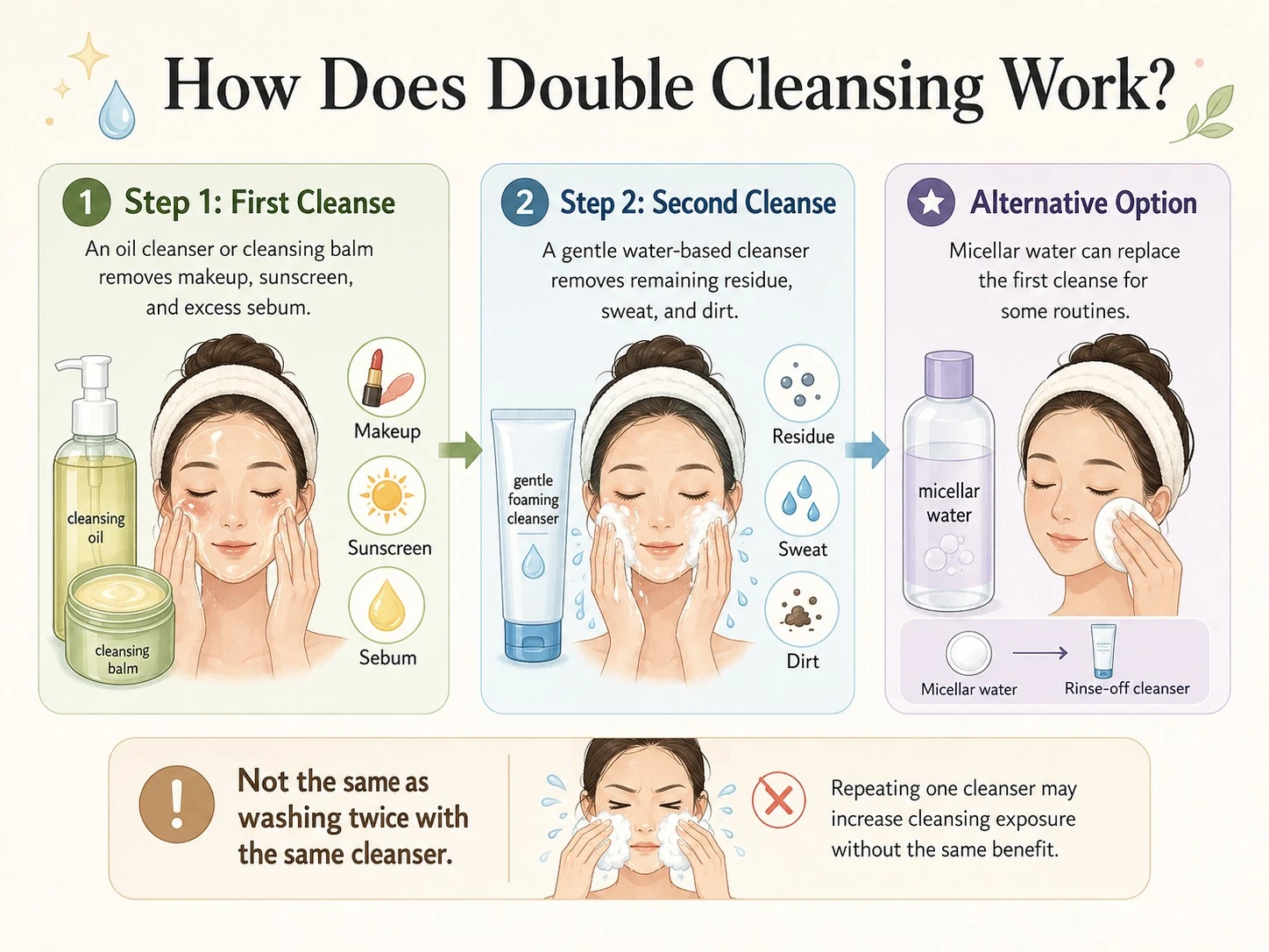 How Does Double Cleansing Work with oil cleanser water based cleanser micellar water makeup sunscreen and residue removal - Zicail Beauty How Does Double Cleansing Work with oil cleanser water based cleanser micellar water makeup sunscreen and residue removal - What Is Double Cleansing and Do You Really Need It?